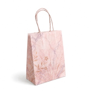 Luxury Pink Marble <b>Paper</b> Bag With Gold Foil Floral Design Twisted Handles Recyclable Standard Flat Bag <b>For</b> Cafes And <b>Bakeries</b> - Product Image 3