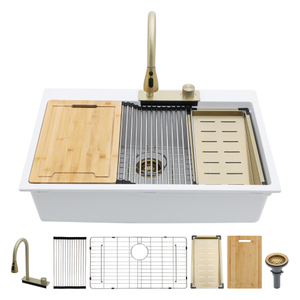 Trắng Composite Quartz <span class=keywords><strong>Granite</strong></span> Bồn Rửa Nhà Bếp 33x22 inch Bát duy nhất undermount bồn rửa với <span class=keywords><strong>drainboard</strong></span> cho nhà bếp hiện đại - Product Image 6