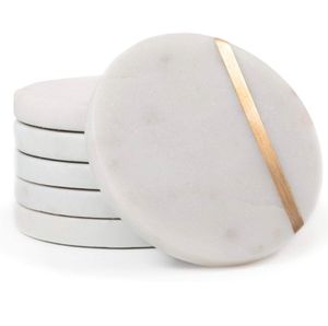 Solid <b>Green</b> Real Marble <b>Coasters</b> With Brass Inlay and Metal Stand/Holder -Non Slip Felt Padded - Sealed Marble, Stain Resistant - Product Image 5