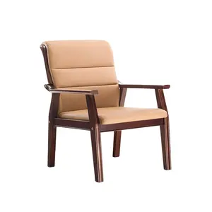 Simple design Solid wood office chair Wooden frame chair Classic Buff leather antique executive chair wood no wheels