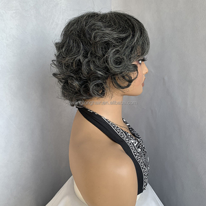 Perruque <span class=keywords><strong>courte</strong></span> bouclée crépue noire et grise pour femmes, style bob ondulé naturel, <span class=keywords><strong>coupe</strong></span> pixie, en cheveux humains fabriquée à la machine pour femmes noires - Product Image 4