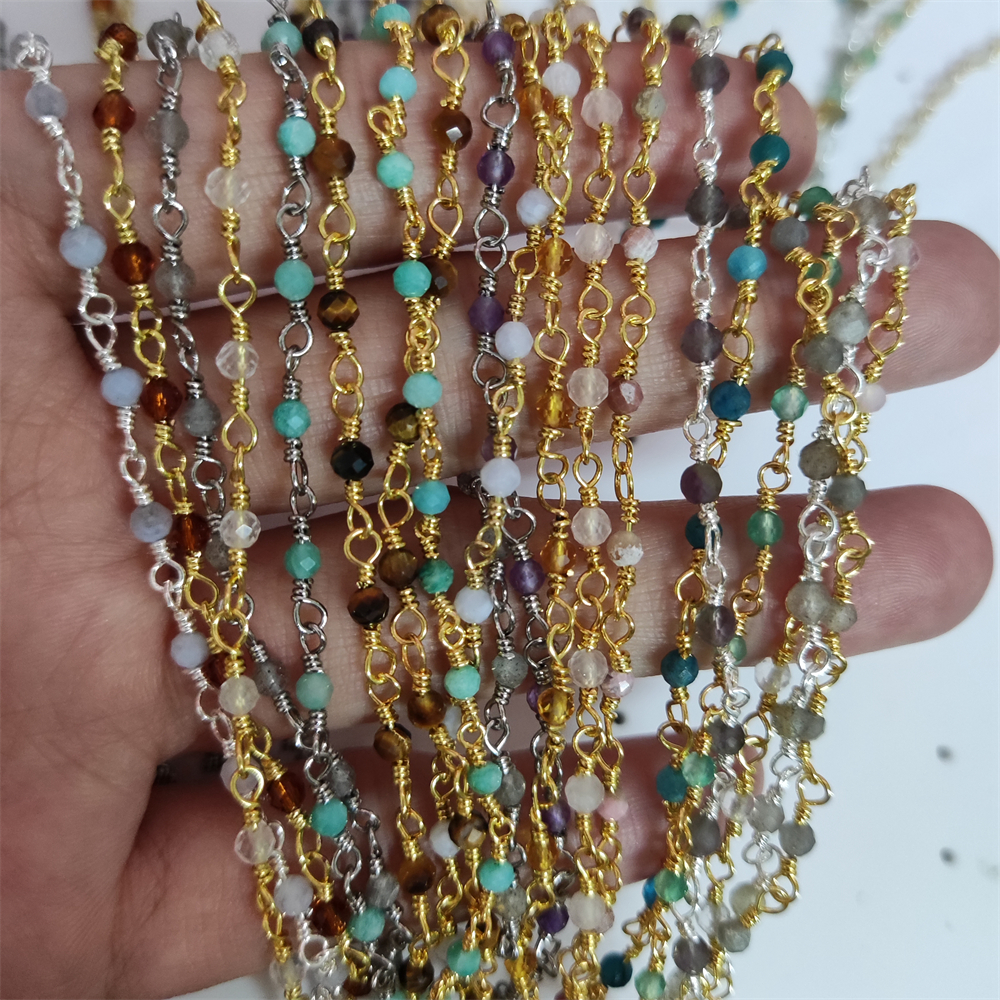Top Selling Natural Gemstone Beaded Gold Plated Jewelry Making Round Shape Faceted Bead Rosary Chain DIY Necklace Jewelry Making