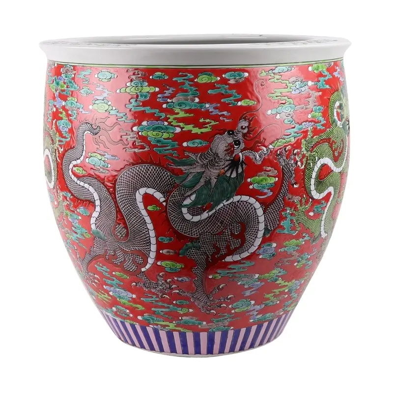 Jingdezhen RZSY18-A Antik Berwarna Mawar, Latar Belakang Awan Keberuntungan dan Penanam Keramik Pola Naga Cina