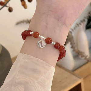 Bracelet en argent sterling S925 avec pendentif porte-bonheur en agate rouge naturelle, design élastique, style chinois, bijoux unisexe, cadeau - Product Image 1
