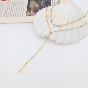 European American Fashion Minimalist Double Layer Tassel Pearl Necklace Gold <b>Titanium</b> Steel Clavicle <b>Chain</b> For Women Gift - Product Image 1