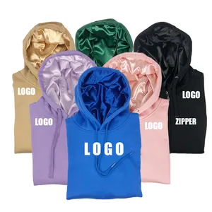 Hoodie Sutra Wanita Lapisan Ganda Polos Logo Kustom Pulover Bulu Uniseks Berjajar Satin Bertudung dengan Tudung Satin