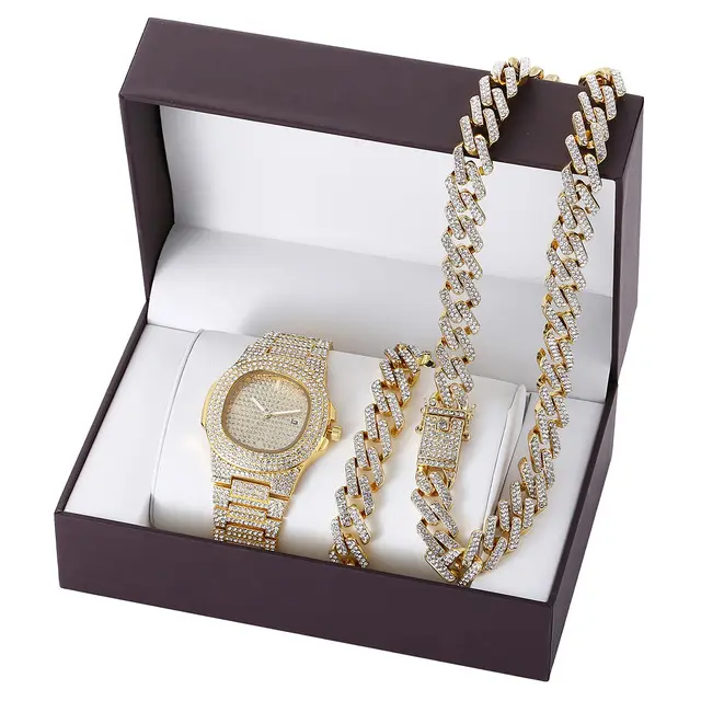 Cuban Chain Watch Set Necklace Watch Bracelet For Men Jewelry Hip Hop Gold Iced Out Paved Rhinestones CZ Bling Rapper