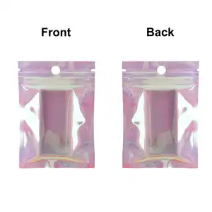 Özel Logo baskılı açılıp kapanabilir holografik pembe kilitli Mylar kılıfı takı kozmetik için düz fermuar plastik ambalaj çanta