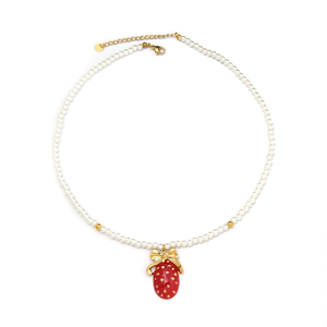 Collier de perles avec pendentif fraise rouge en acier inoxydable plaqué or, bijoux durables pour femmes - Product Image 2