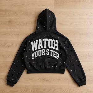 Sweat à capuche zippé pour homme, coupe ample, en coton molletonné, style streetwear Y2K grunge, avec appliqué strass, vente en gros personnalisée - Product Image 2