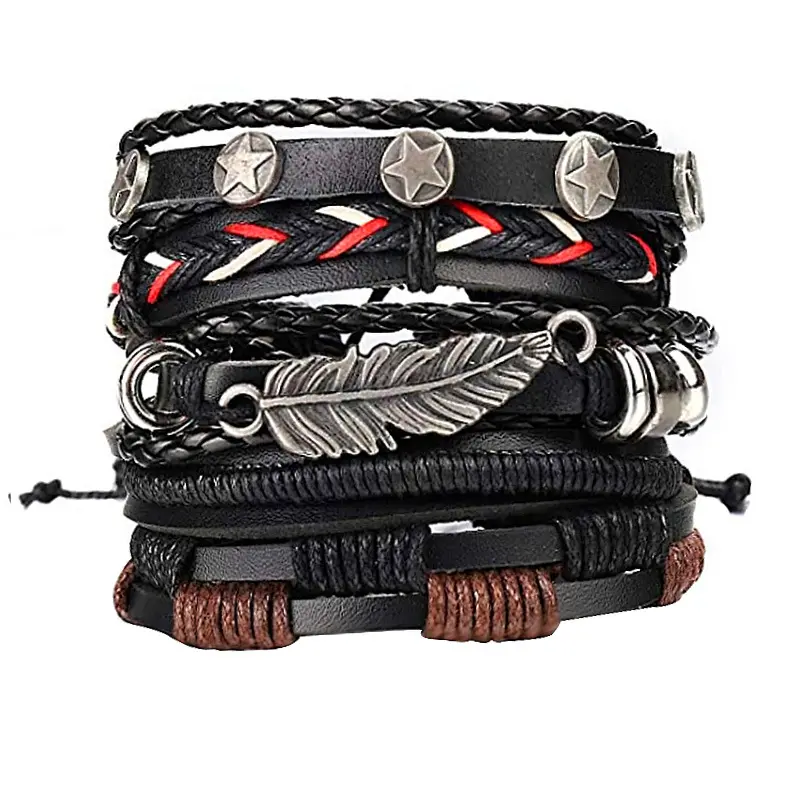 Vintage neue Multi Layer 3-5 Stück Herren hand gefertigte Leder Armband Set benutzer definierte verstellbare Braided Rope Armband