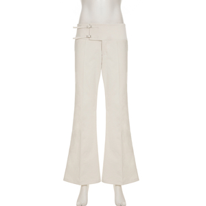Y2K White Low Waist Wide Leg <b>Trousers</b>, Metal Buckle Detail Straight Pants, Elegant Casual Officewear - Product Image 5