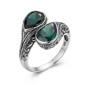 Anel de prata esterlina 925, anel vintage boho com olhos de deus esmeralda marquise, pedra preciosa real de natal