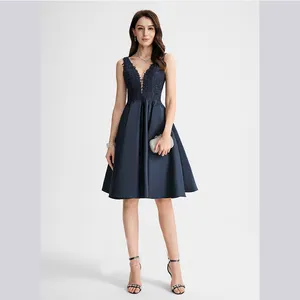 V-Neck Knee-Length Prom Grown Blue Lace Satin Cocktail Dress A-line Short Evening Dresses