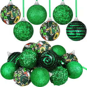 圣帕特里克节6厘米12 pcs挂球装饰绿色三叶草装饰面料运气三叶草包裹球派对用品
