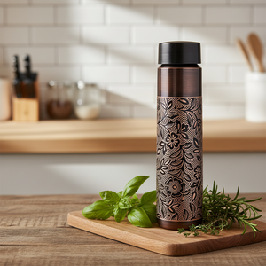 Bouteille en cuivre gravée à la main 1 litre, finition laquée, flacon ayurvédique pour le yoga, vaisselle en cuivre marron de luxe, cadeau pour le bien-être et la forme physique - Product Image 1