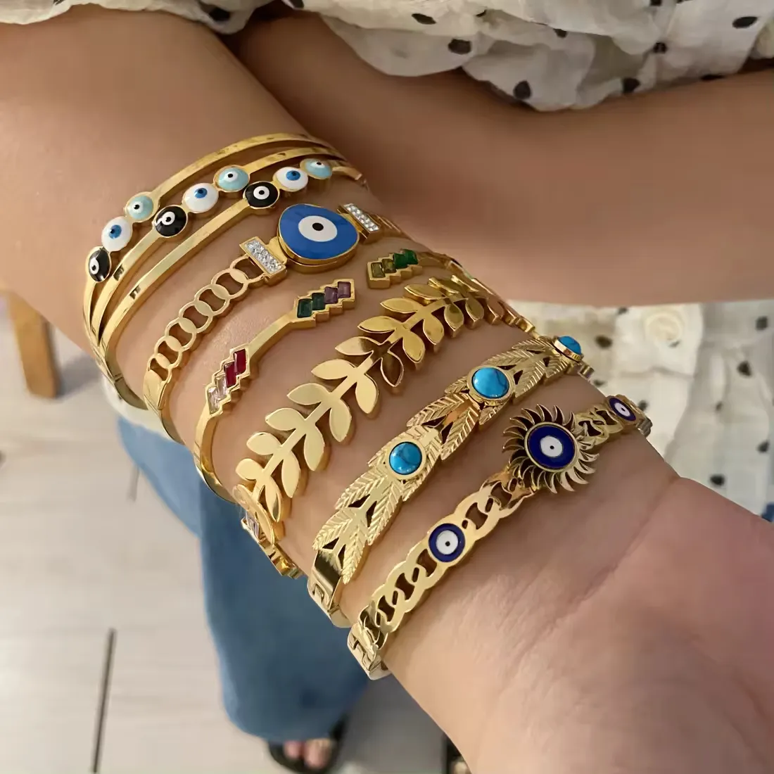 Lefeng Luxury Gold Plated Customized Women'S Bracelet En Acier Inoxydable Blue Eye Snake Stainless Steel Bracelet Femme