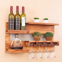 Vente d'usine : Étagère à vin murale couleur noyer, porte-bouteilles et verres en bambou et bois