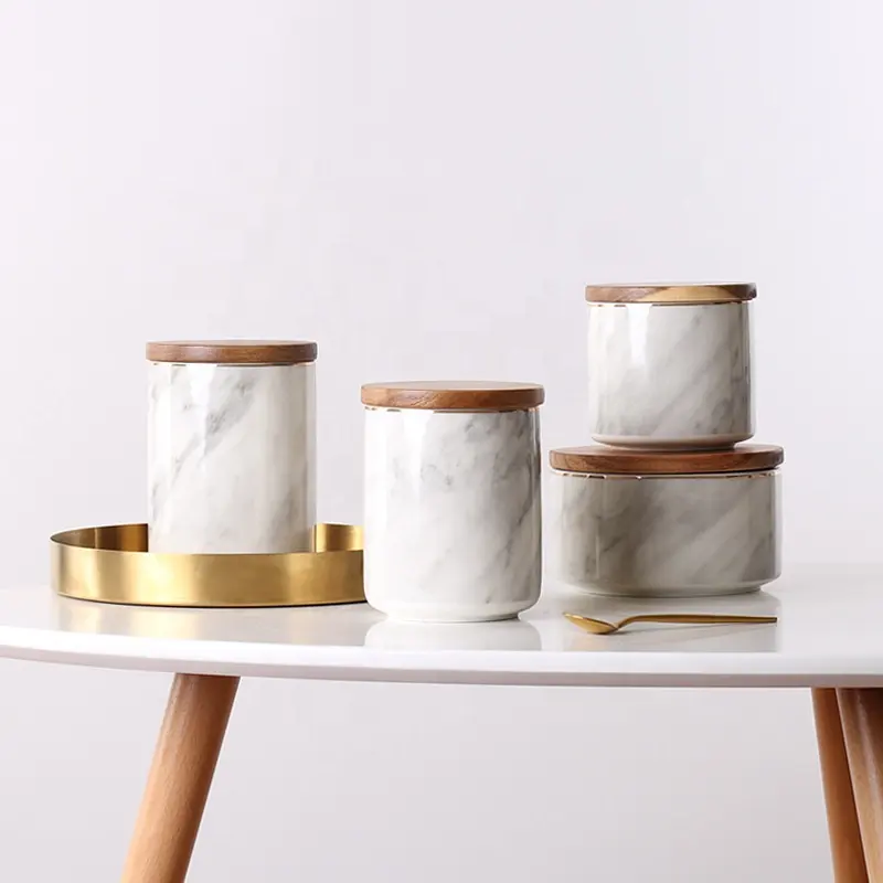 Huishoudelijke Nordic Stijl Marmeren Kruiderij Container Sets/Keuken Keramische Opslag Kruidkruik Met Bamboe Deksel