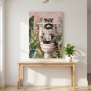 Impression sur toile de raton laveur amusant aux toilettes, affiche humoristique <span class=keywords><strong>d</strong></span>'animal lisant un journal, images <span class=keywords><strong>d</strong></span>écoratives tropicales roses pour salle de bain - Product Image 6