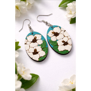 ต่างหูลายดอกไม้เขตร้อนวาดด้วยมือ ต่างหูไม้สีเขียวอมฟ้ารูปดอกชบา - Product Image 5