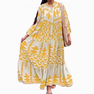 IStapromo Gifts Maxi <b>Dress</b> V-Neck Lantern Sleeve Geometric Print Loose Fit Summer Casual Woven Fabric Asymmetric Hem - Product Image 4