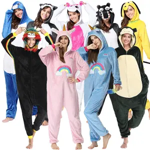 Wholesale custom cartoon one-piece pajamas flannel unicorn animals cute women's home clothes hooded sleepwear