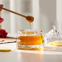 Contenedores de almacenamiento de azúcar de jarabe de mermelada de especias cónicas transparentes para cocina, tarro dispensador de miel transparente con cucharón de madera