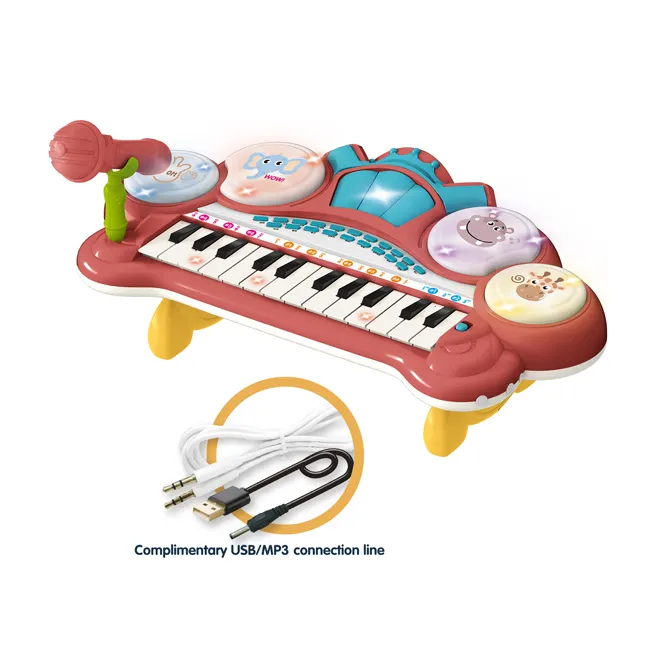 माइक्रोफोन के साथ इलेक्ट्रिक मल्टिपल ड्रम 24 चाबियाँ पियानो खिलौना मजेदार संगीत पियानो खिलौने