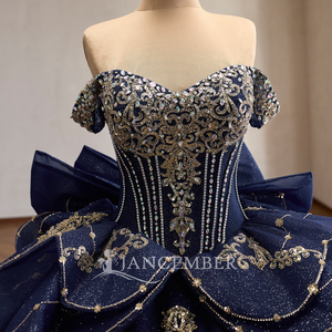 261096 Stunning Navy Blue Crystal Rhinestone Natural Sweetheart Neckline Lace Appliques Quinceanera Ball Gown <b>Dresses</b> - Product Image 5
