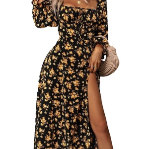 Vestidos Midi Casuales al por Mayor Personalizados para Mujer, con Estampado Otoñal, Manga Larga, Cuello Cuadrado con Lazo y Abertura Lateral - Product Image 1