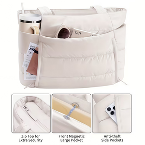Low MOQ Custom Logo Water-resistant Nylon Quilted Puffer <strong>Tote</strong> <strong>Bag</strong> <strong>with</strong> Zipper Large Capacity Anti-theft Shoulder <strong>Bag</strong> Wholesale - Product Image 2