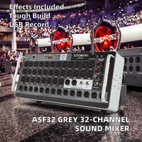 Console de mixage audio numérique professionnelle 32 canaux grise avec effets intégrés, égaliseur 3 bandes, connectivité USB/Wi-Fi, en métal et plastique