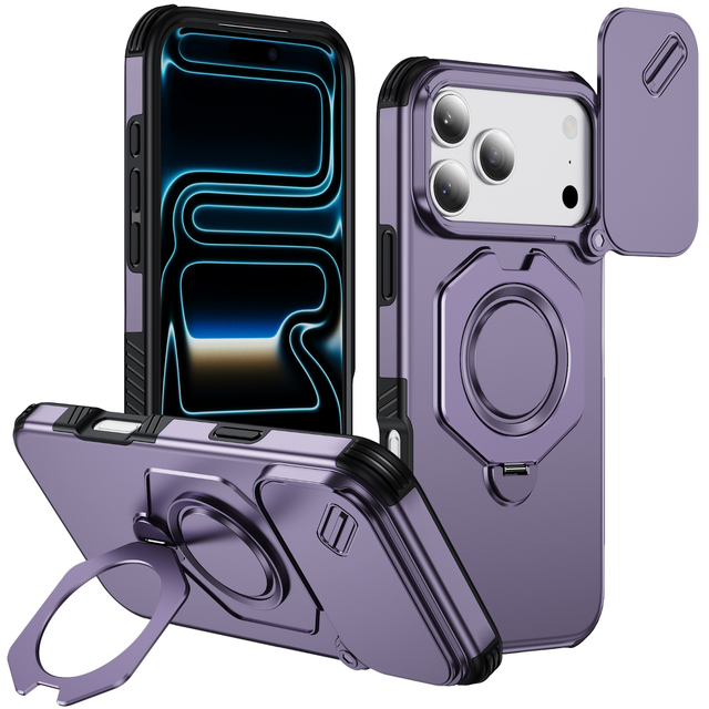 Double Layer Shock Resistant Phone case with Sliding Camera Cover 360°Rotating Magnetic Ring for iPhone 16/17/18 Pro/18 Pro Max