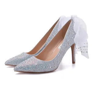 Zapatos de boda con diamantes de imitación para mujer, tacón alto bajo, blancos, plateados, 2020