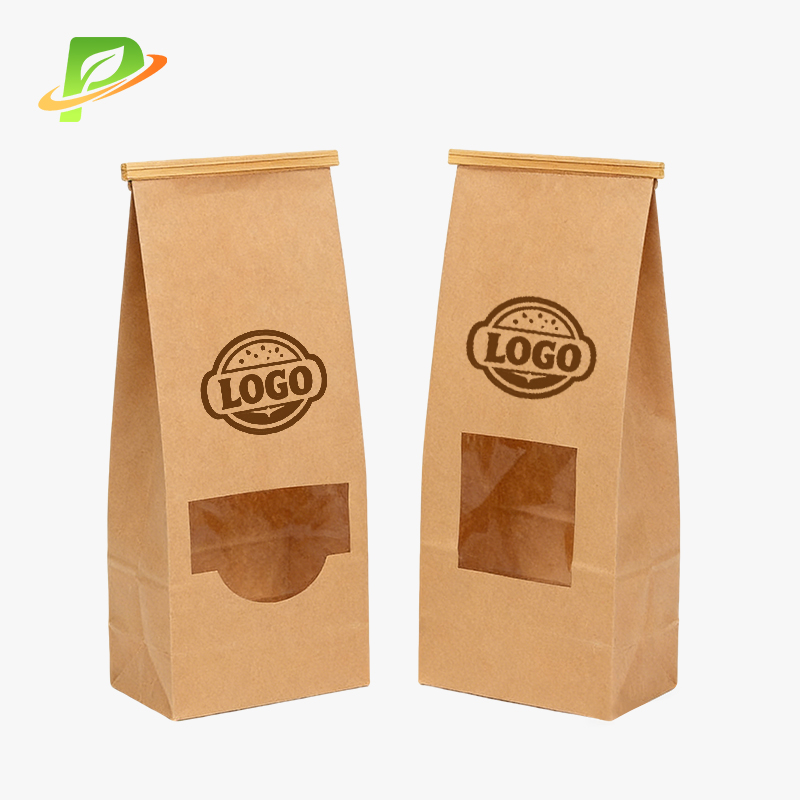 Custom Brown & White Biodegradable Moisture Proof Reusable Kraft Food Packaging Bread Sandwich Bags with Windows Print Your Logo