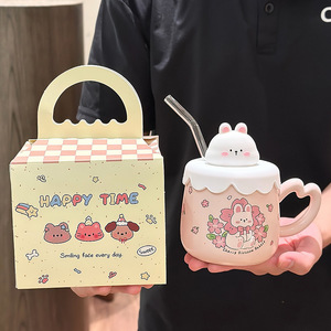 Mug en céramique avec couvercle et paille, motif lapin mignon et design de dessin animé attrayant, pour filles, usage domestique et professionnel, idéal comme cadeau souvenir d'anniversaire - Product Image 2
