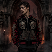 Blouson universitaire en velours personnalisé pour homme, broderie crâne cimetière, blouson bomber gothique à strass, streetwear OEM, vente en gros