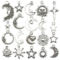 Assortiment de breloques mélangées Lune et Étoile en alliage de zinc argenté antique, thème céleste, pour la création de colliers superposés