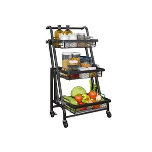 Wholesale blue kitchen cart wheels-Bathroom Office Rolling Utility Cart Storage Shelf Rack with Wheels 3 Tier Foldable Kitchen Cart