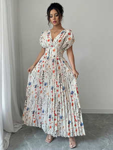 Maxi <span class=keywords><strong>abito</strong></span> a maniche corte elegante con scollo a V da <span class=keywords><strong>donna</strong></span> con stampa in lamina dorata a blocchi di colore in vita anteriore regolabile con coulisse plissettato - Product Image 3