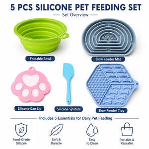 Tappetino per cani con ciotola lenta per la degustazione, set da 5 pezzi in silicone, pieghevole, con coperchio e spatola, portatile da viaggio per cani e gatti - Product Image 1