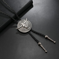 Nouveau Collier Bolo Unisexe Vintage Tête de Taureau Cowboy Western en Alliage avec Cordon Tressé en PU – Vente en Gros