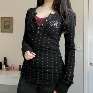 Camiseta de manga larga con cuello redondo y botones, estilo femenino, con estampado de lunares en contraste de color, estilo vintage, ajustada y versátil. - Product Image 2