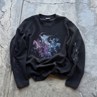 Jean cargo en denim Y2K marron avec patch 3D de qualité, motif flamme numérique en strass et cristaux, imprimé graphique, effet vieilli et orné de pierres précieuses