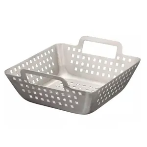 Non-Stick Bbq Grilling Topper Stainless Steel Vegetable Grill Basket Square Bbq Pan With Handle