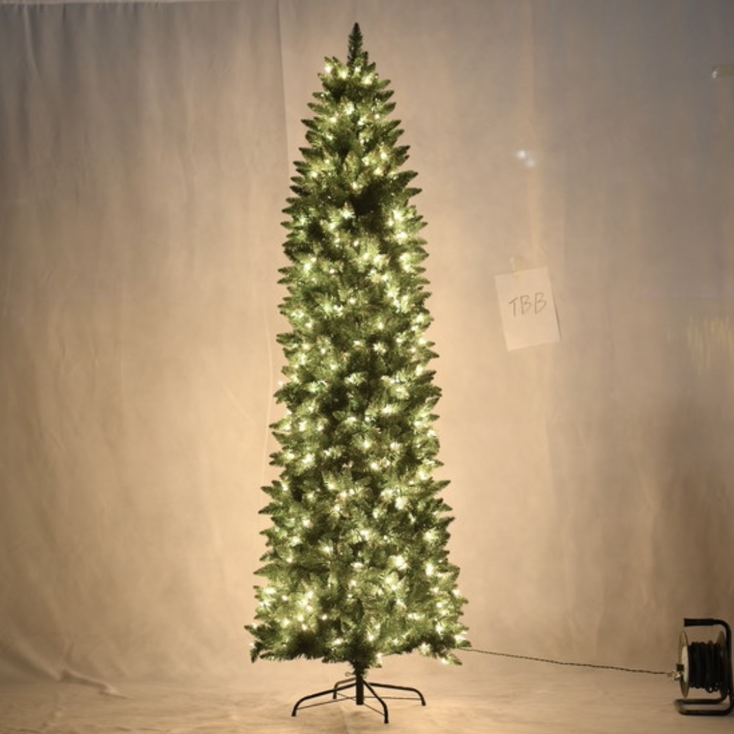 Albero di Natale artificiale sottile 240 cm, 434 punte, 300 LED bianco caldo, in PVC, albero artificiale verde con neve, per casa, ufficio, festività