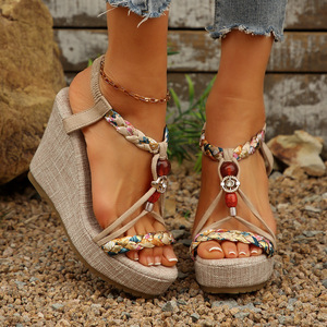 Sandalias de cuña para mujer, estilo bohemio europeo americano, con plataforma y suela gruesa tejida, para verano. - Product Image 1