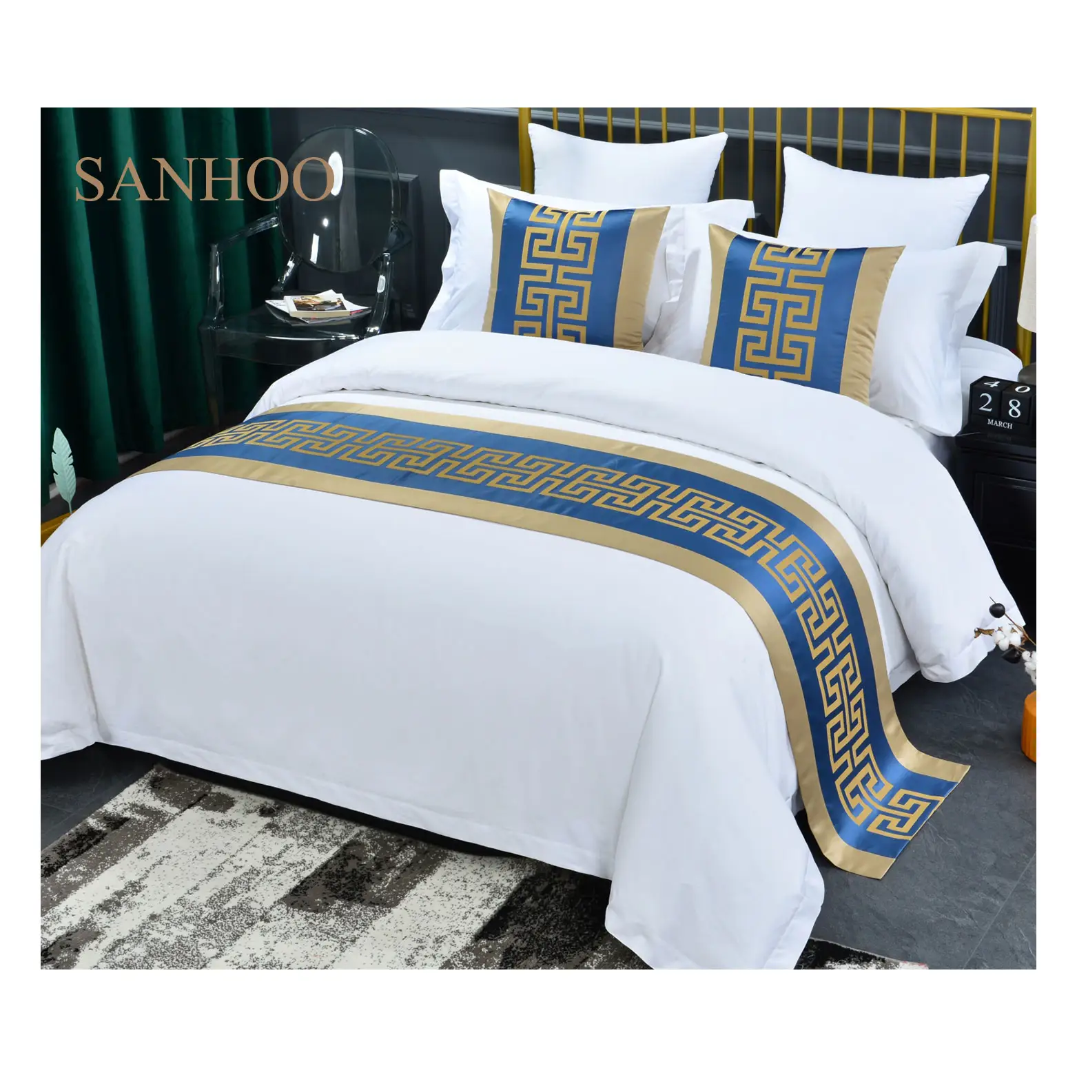 SANHOO 럭셔리 호텔 맞춤형 자수 침대 커버 일반 침대 러너 일치하는 베개 커버