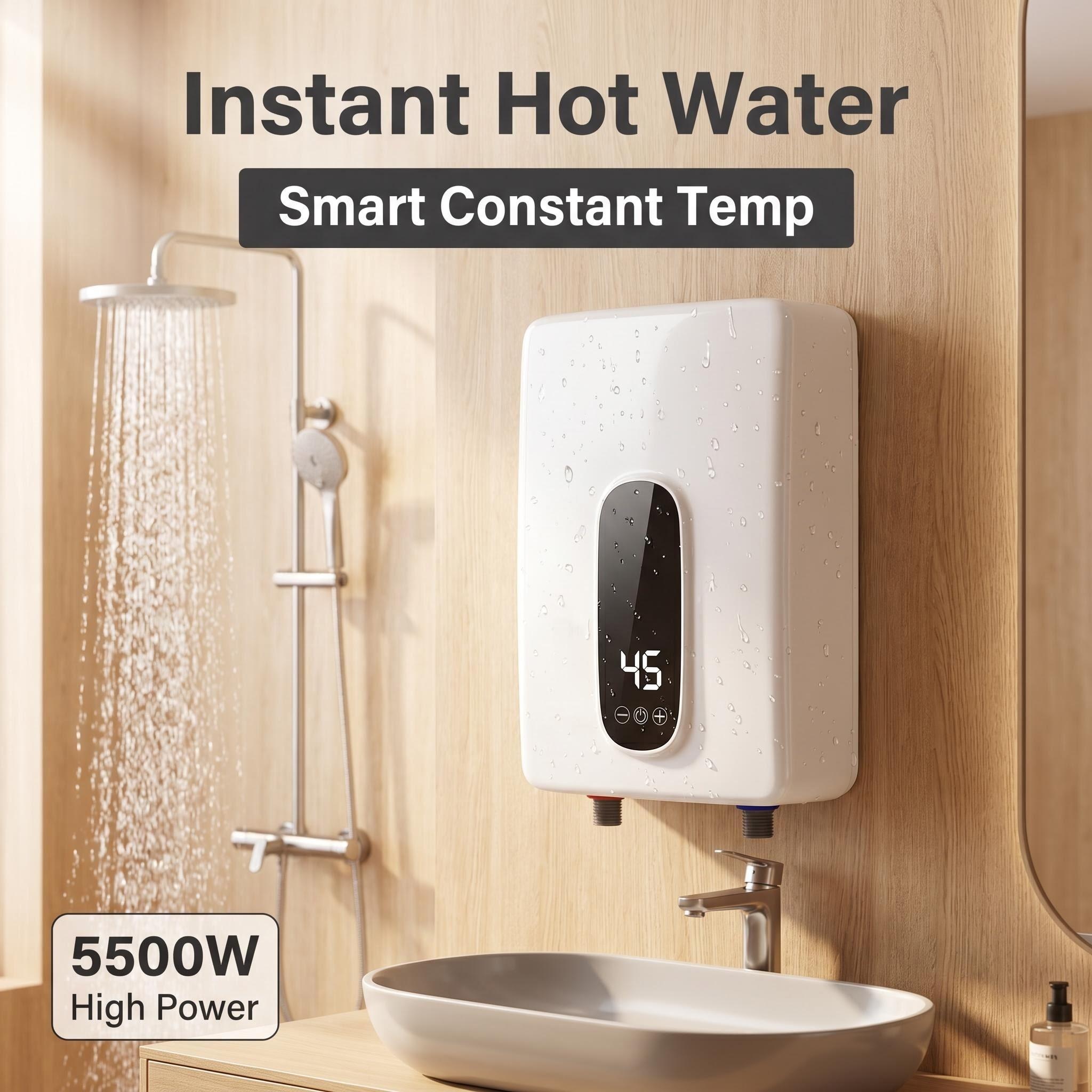 Electric 5500W Tankless Water Heater Touch Screen LED Display IPX4 Waterproof Wall-Mounted Instant Water Heater Household RV